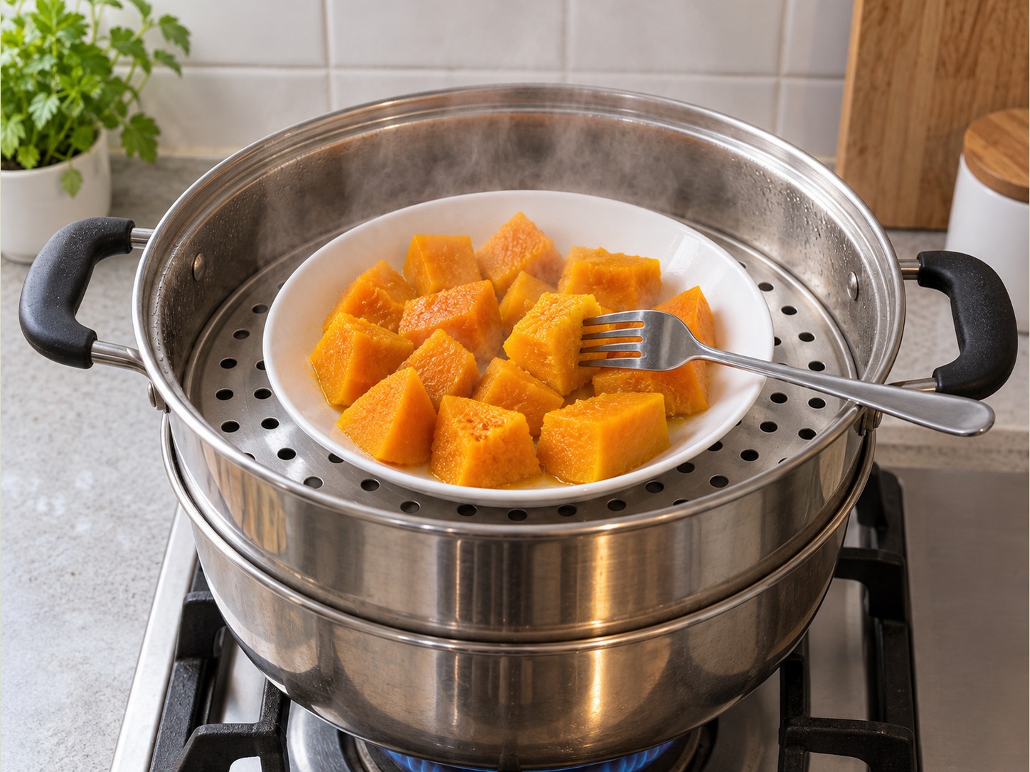 Pinasingawang Pumpkin Flower Rolls — Pasingawan sa kumukulong tubig nang 15 minuto hanggang madaling tusukin ng tinidor