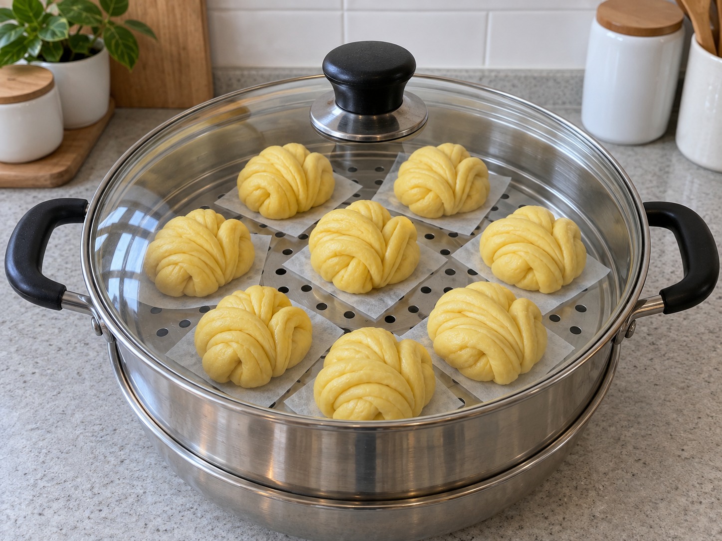 Pinasingawang Pumpkin Flower Rolls — Maglaan ng pagitan sa steaming rack, takpan at paalsahin nang 20 minuto hanggang lumobo