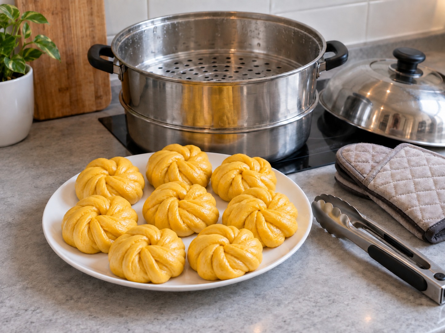 Pinasingawang Pumpkin Flower Rolls — Patayin ang apoy, maghintay ng 2 minuto bago buksan at ilipat gamit ang guwantes at sipit
