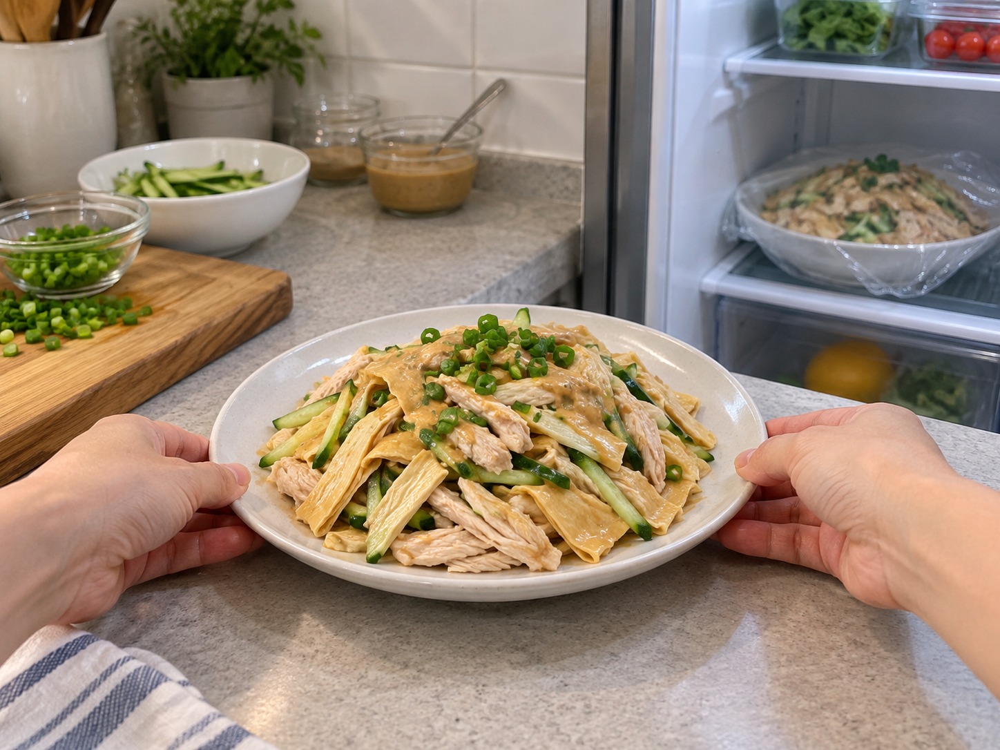 麻醬雞絲粉皮 — 盛盤即食;若需等候上桌便蓋好放回雪櫃