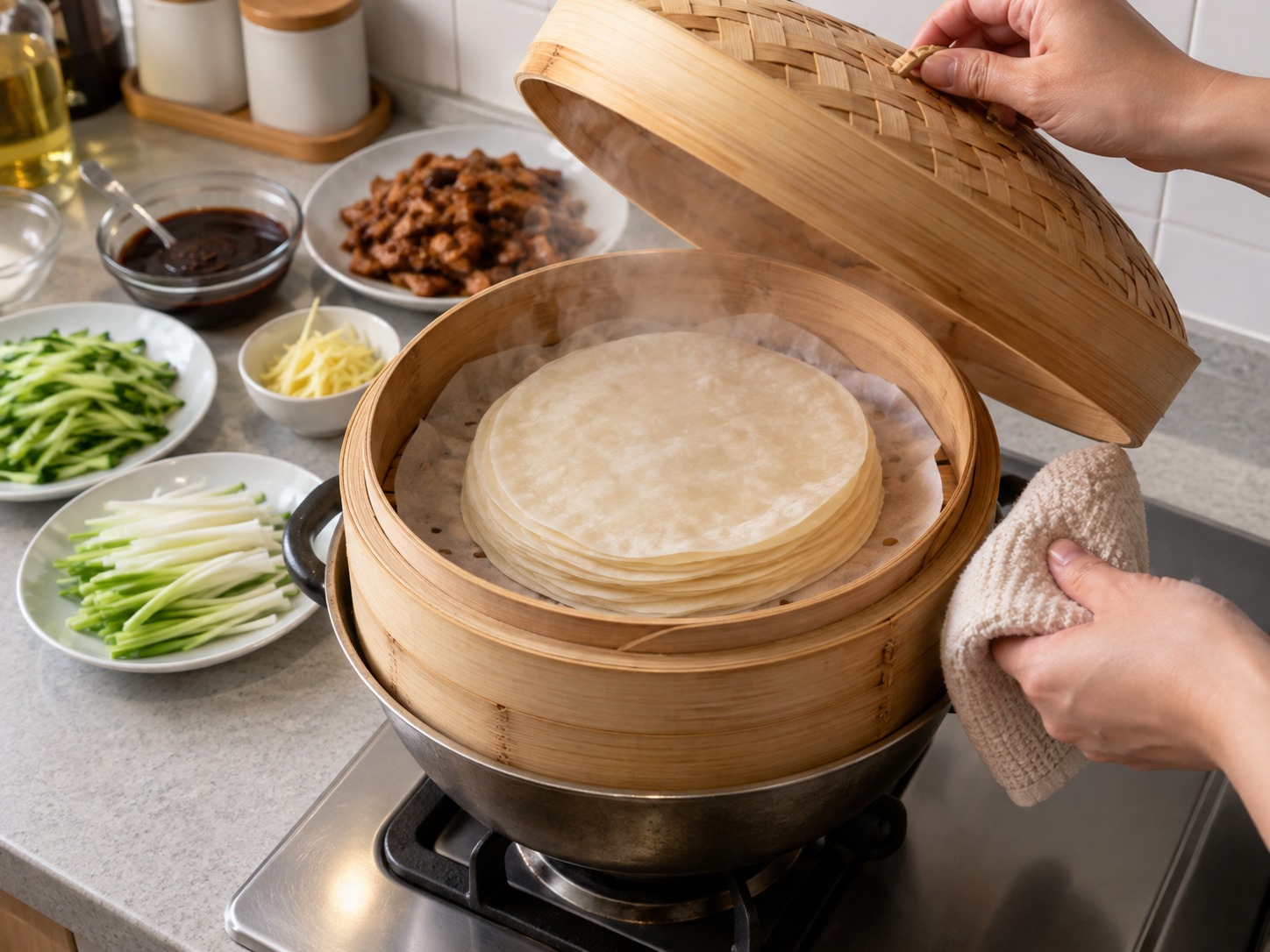 Babi Saus Tianmianjiang dengan Panekuk Tipis — Kukus panekuk sesuai kemasan dan tutup agar tidak kering