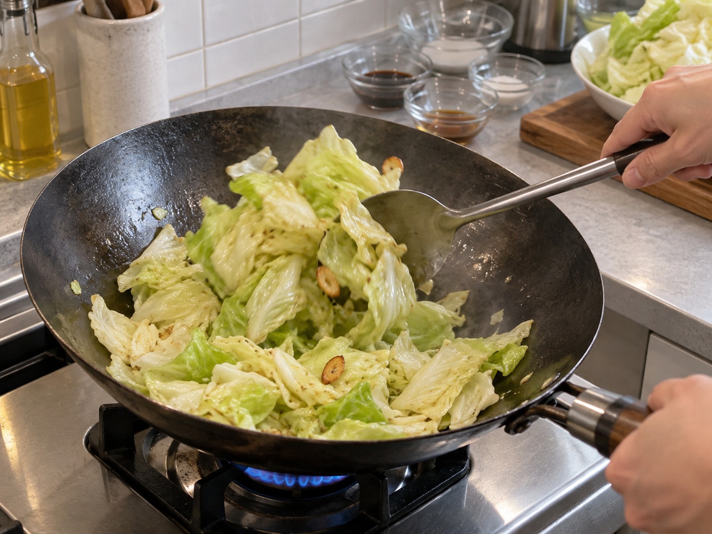 醋香手撕包菜 — 轉中大火加入葉片,翻炒兩至三分鐘