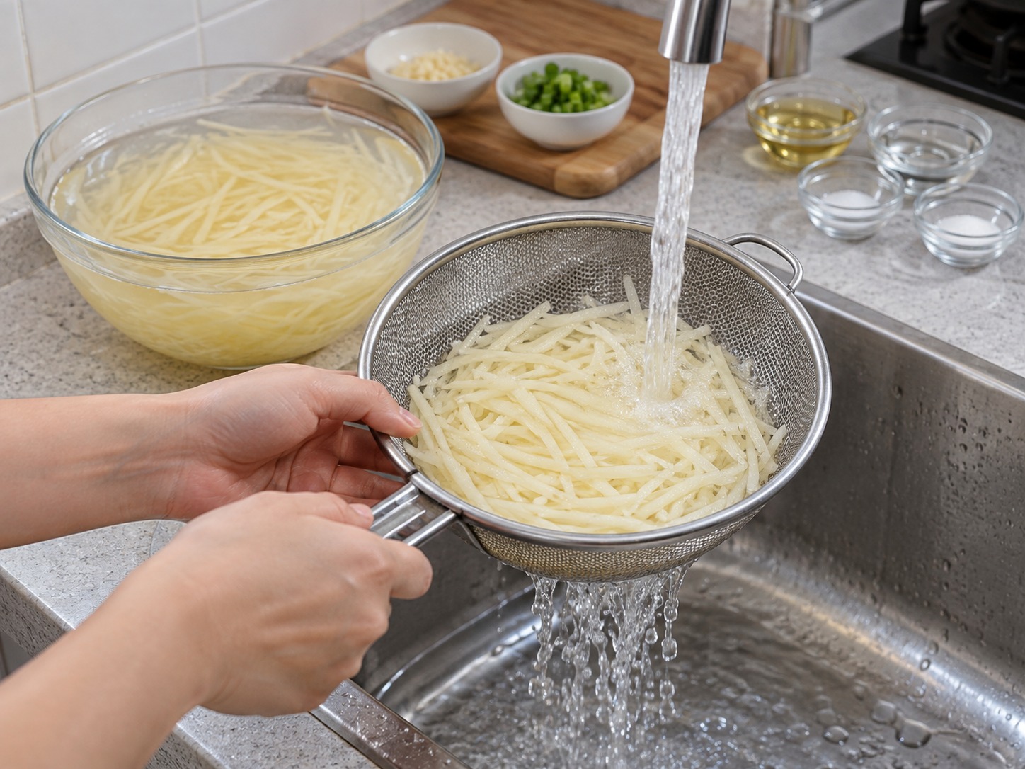醋溜土豆絲 — 薯絲浸冷水五分鐘,再沖洗至水較清