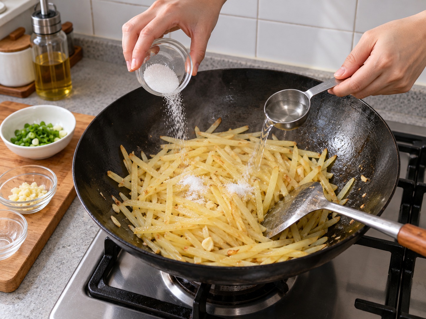 醋溜土豆絲 — 加入鹽、糖及兩湯匙水,炒三分鐘至薯絲熟而仍挺身