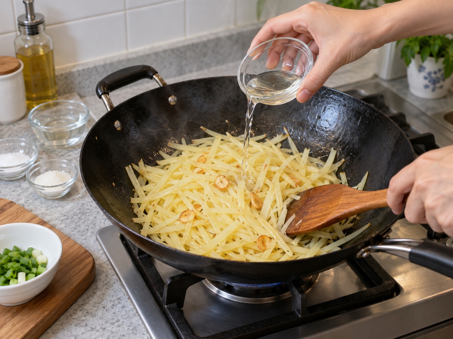 醋溜土豆絲 — 倒入米醋,繼續快炒一分鐘