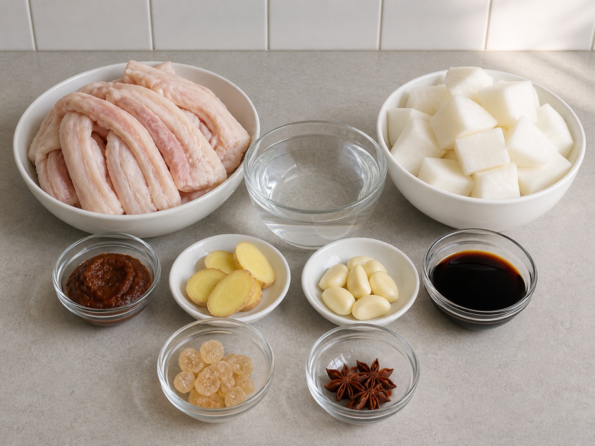 All ingredients for Urat Sapi dan Lobak Rebus Saus Chu Hou