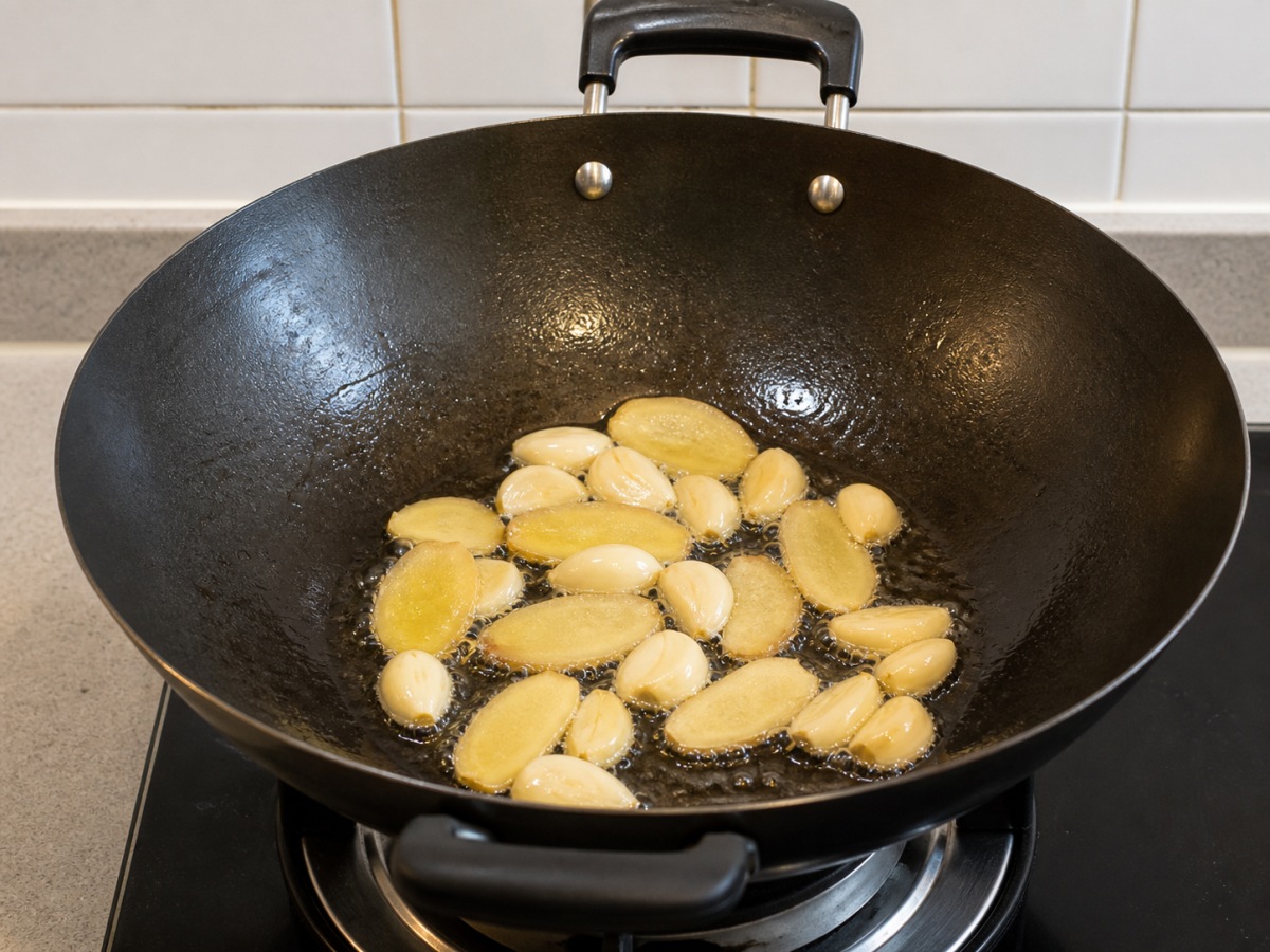 Urat Sapi dan Lobak Rebus Saus Chu Hou: Tumis bumbu aromatik