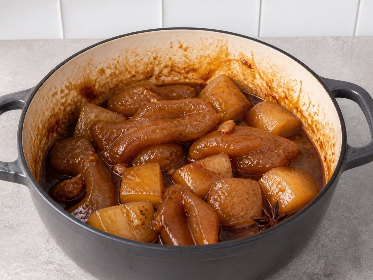 Urat Sapi dan Lobak Rebus Saus Chu Hou: Susutkan saus dan bumbui