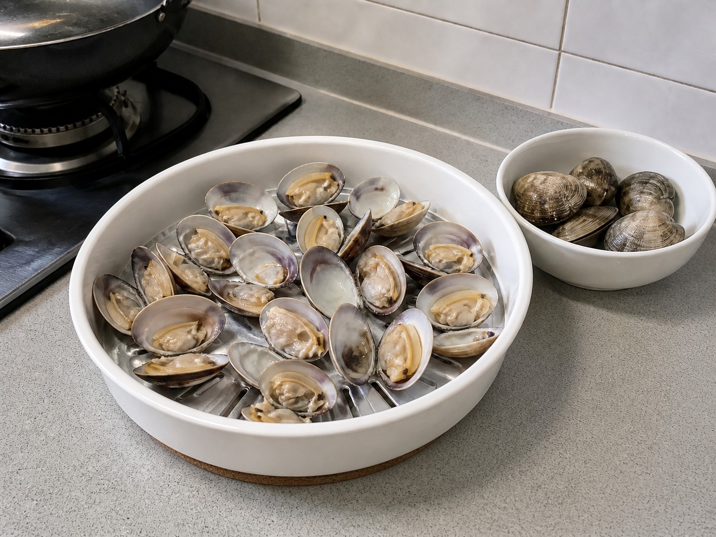 Steamed Egg Custard with Clams — step 3: Discard unopened clams