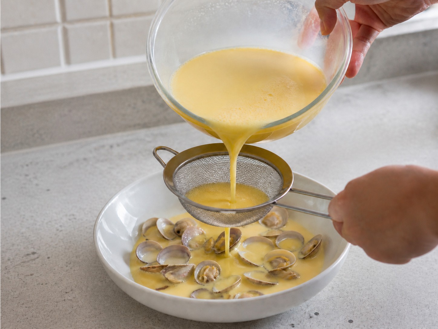 Steamed Egg Custard with Clams — step 7: Mix and strain egg