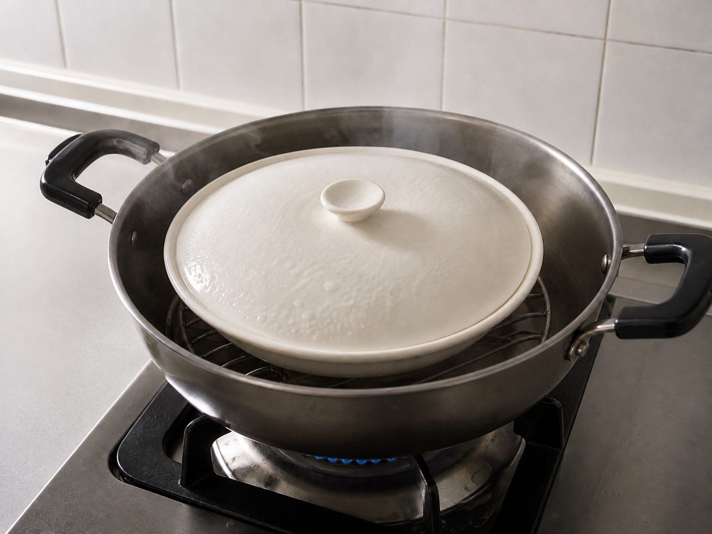 Steamed Egg Custard with Clams — step 9: Steam over low heat
