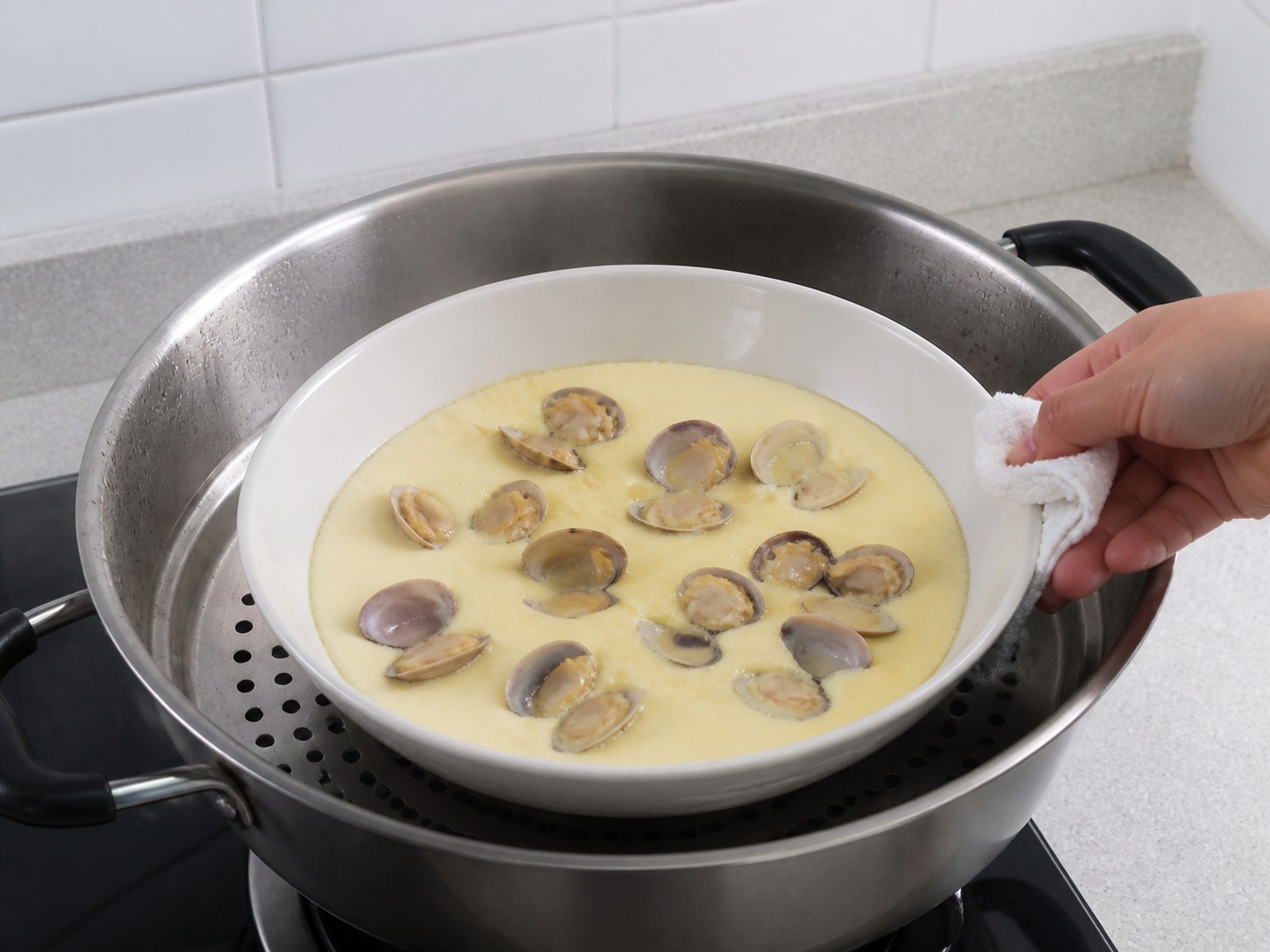 Steamed Egg Custard with Clams — step 10: Check the set