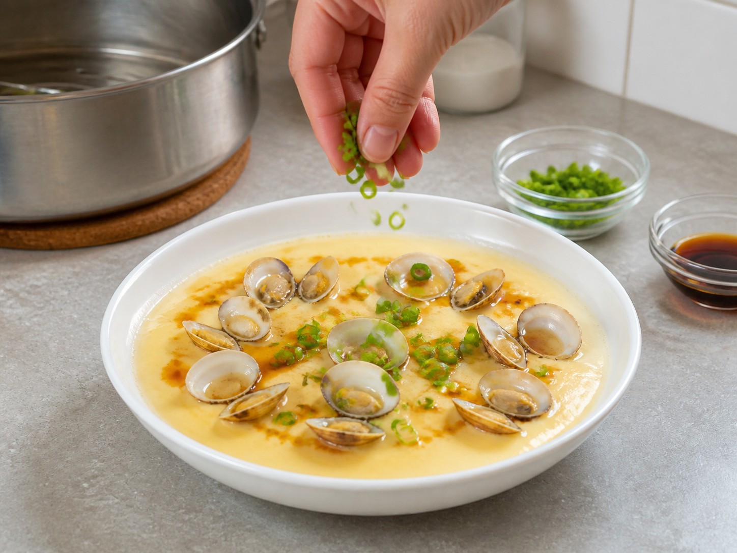 Steamed Egg Custard with Clams — step 12: Garnish and serve