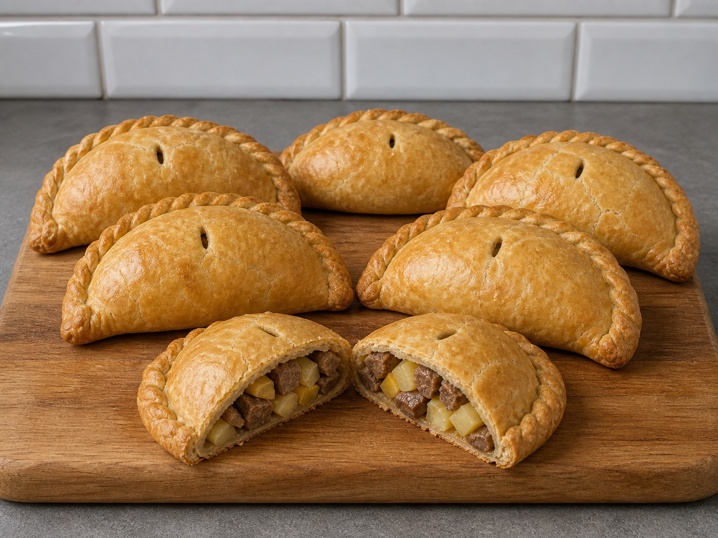Pastel Cornish Isi Daging Sapi dan Sayuran Akar: Pastri genggam berpilin membungkus daging sapi, kentang, rutabaga, dan bawang potong dadu.