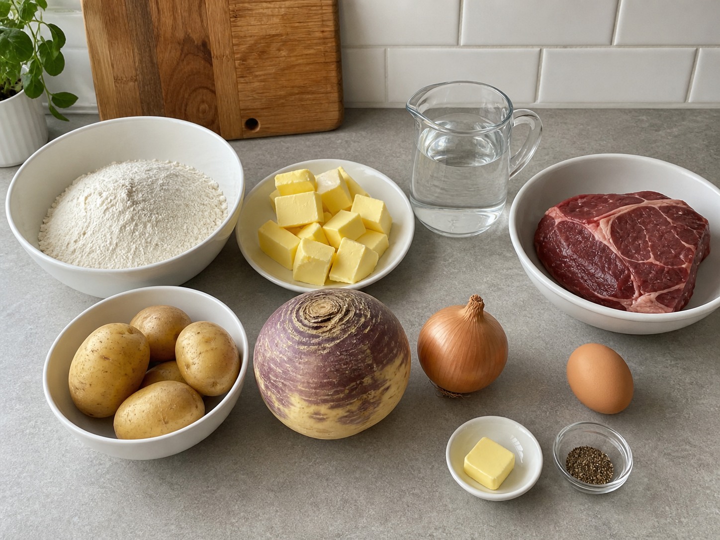 Pastel Cornish Isi Daging Sapi dan Sayuran Akar: 500 g tepung terigu serbaguna, 250 g mentega, 160 ml air dingin, 400 g daging bahu sapi, 300 g kentang ukuran sedang, 250 g rutabaga, 1 buah bawang bombai, 30 g mentega, 1 buah telur, secukupnya Lada hitam