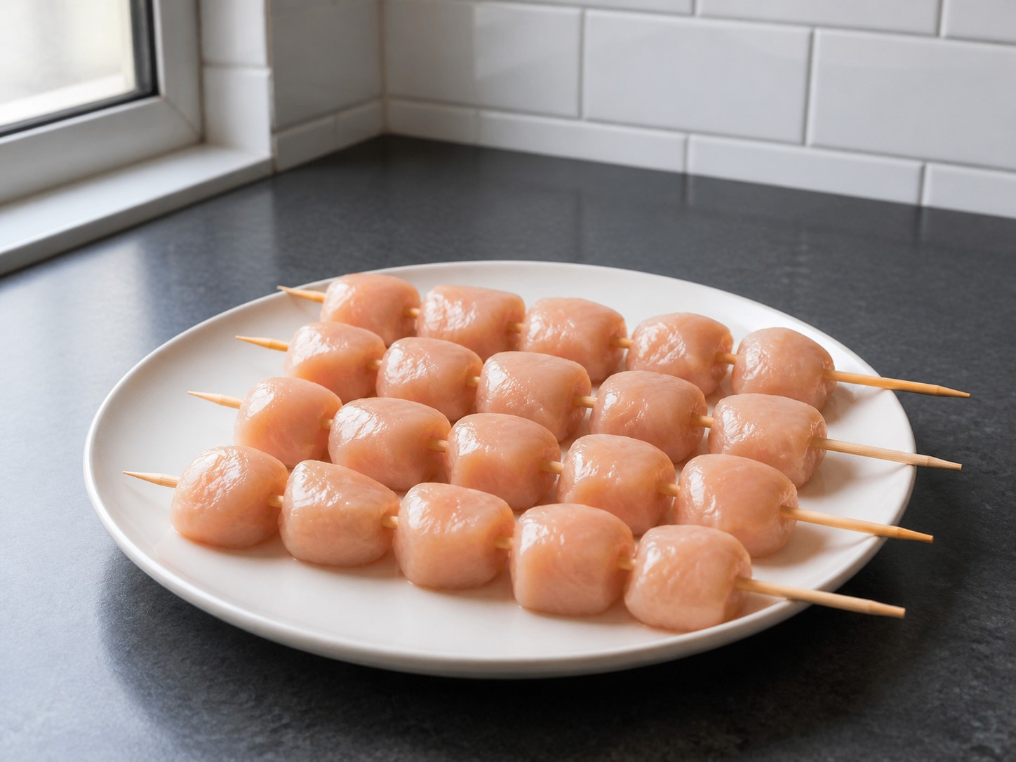 牛仔牛油醬烤雞肉串：串製