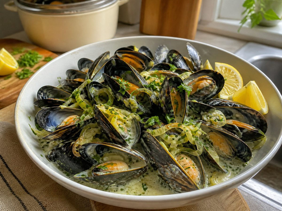 Tapos na lutong-bahay na Creamy Dijon Mussels na may Leeks