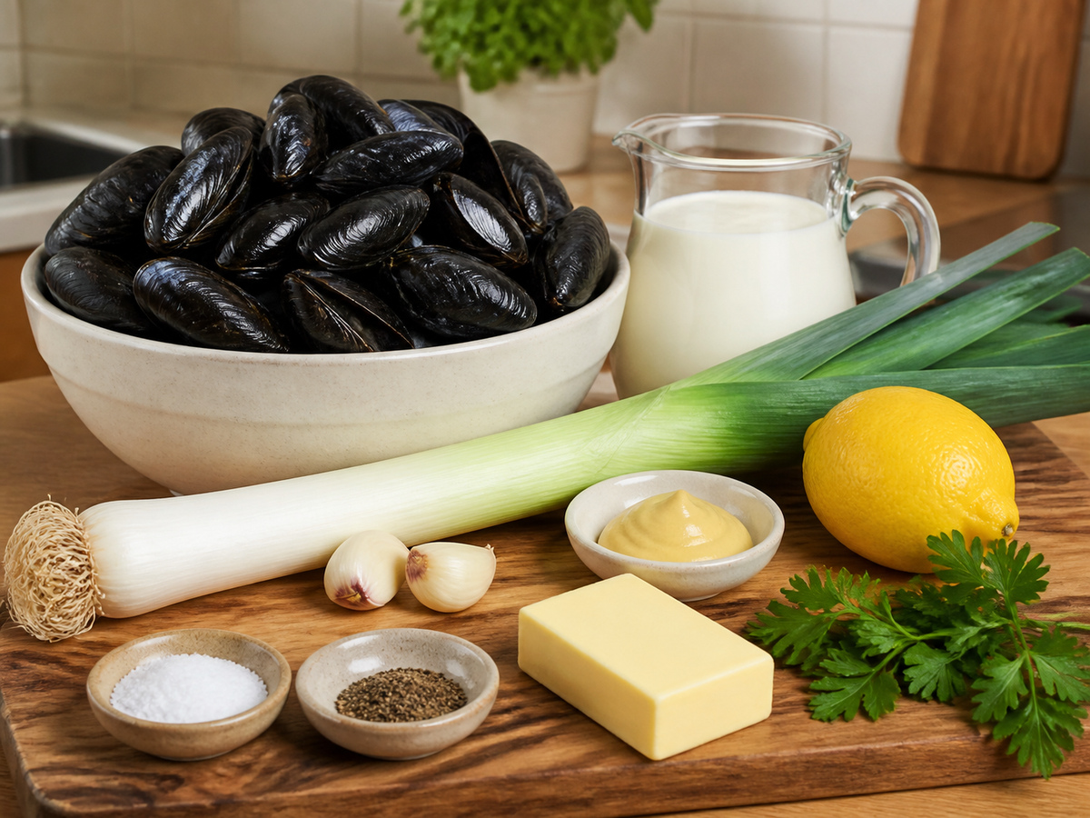 Mga sangkap para sa Creamy Dijon Mussels na may Leeks