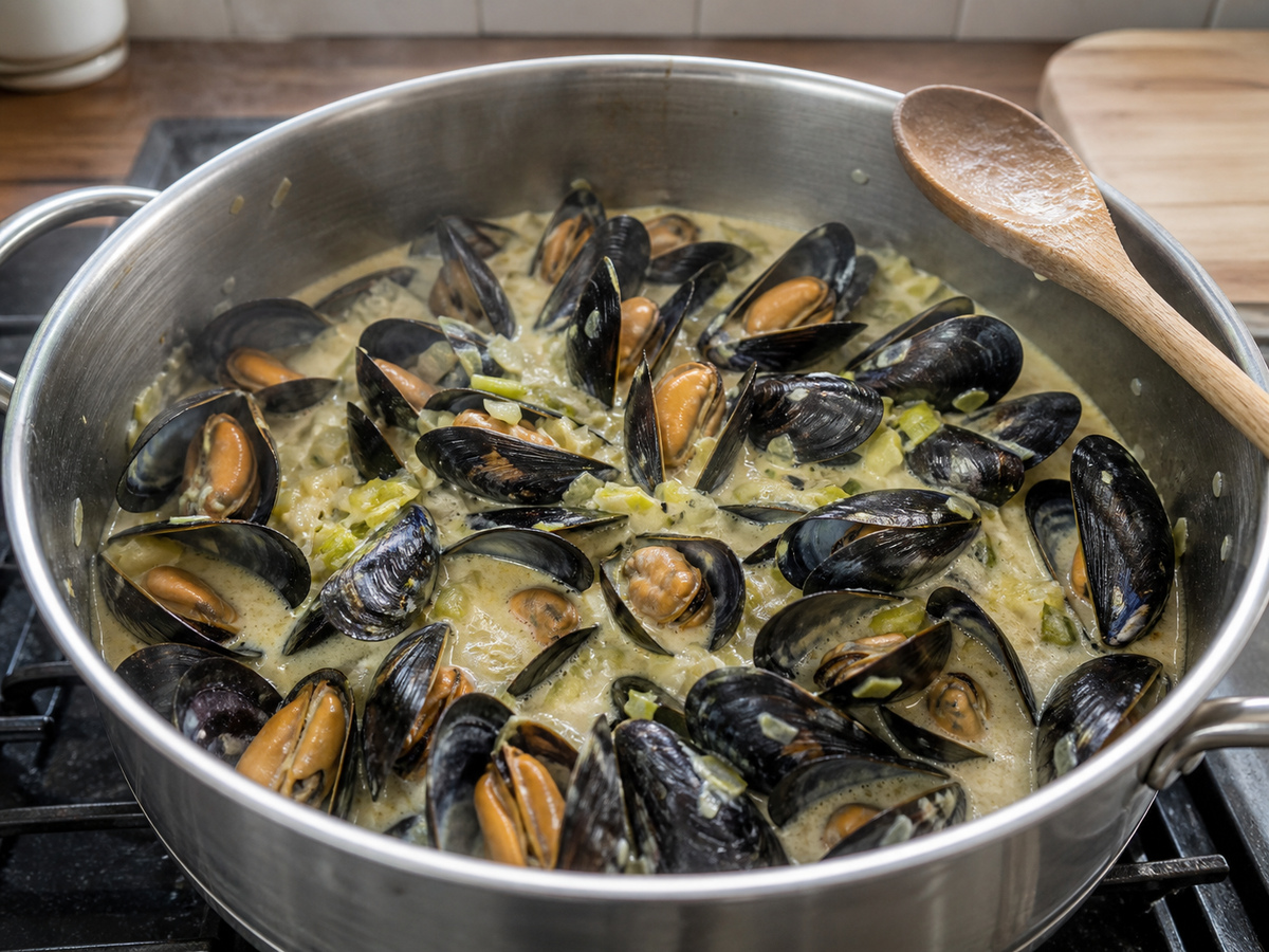 Creamy Dijon Mussels na may Leeks: Pakuluan nang marahan