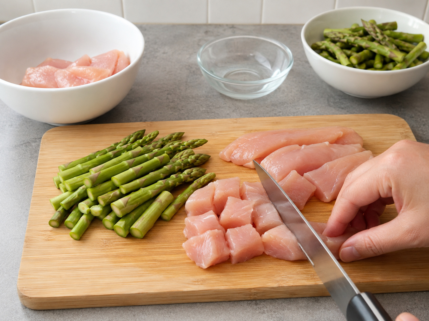 切雞肉和露筍: 切雞肉和露筍。按本食譜所列份量和次序操作;確認畫面所示食材狀態後才進入下一步。