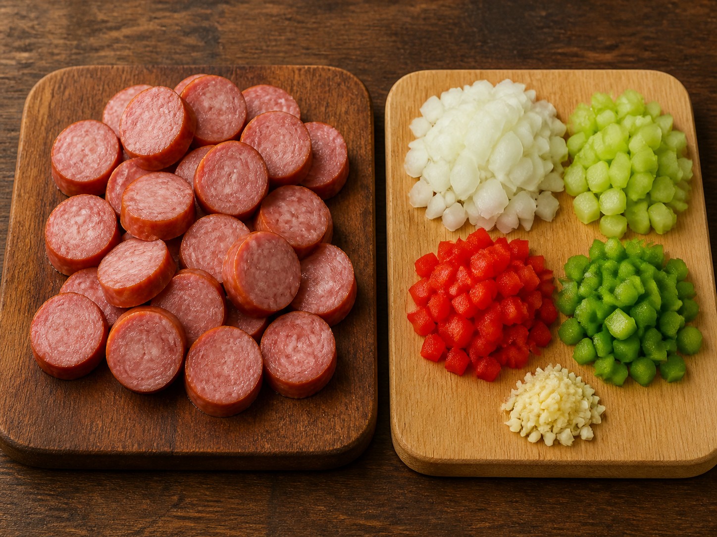 卡真風味肉腸牛肉燴椰菜：切配肉腸蔬菜