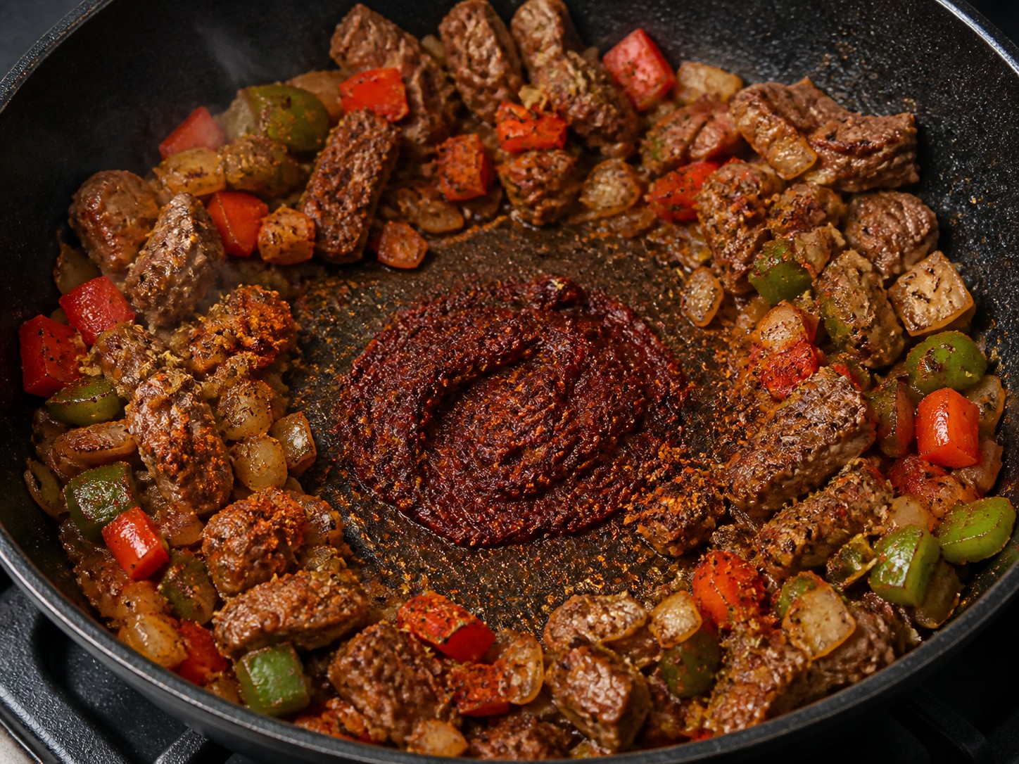 卡真風味肉腸牛肉燴椰菜：炒香料