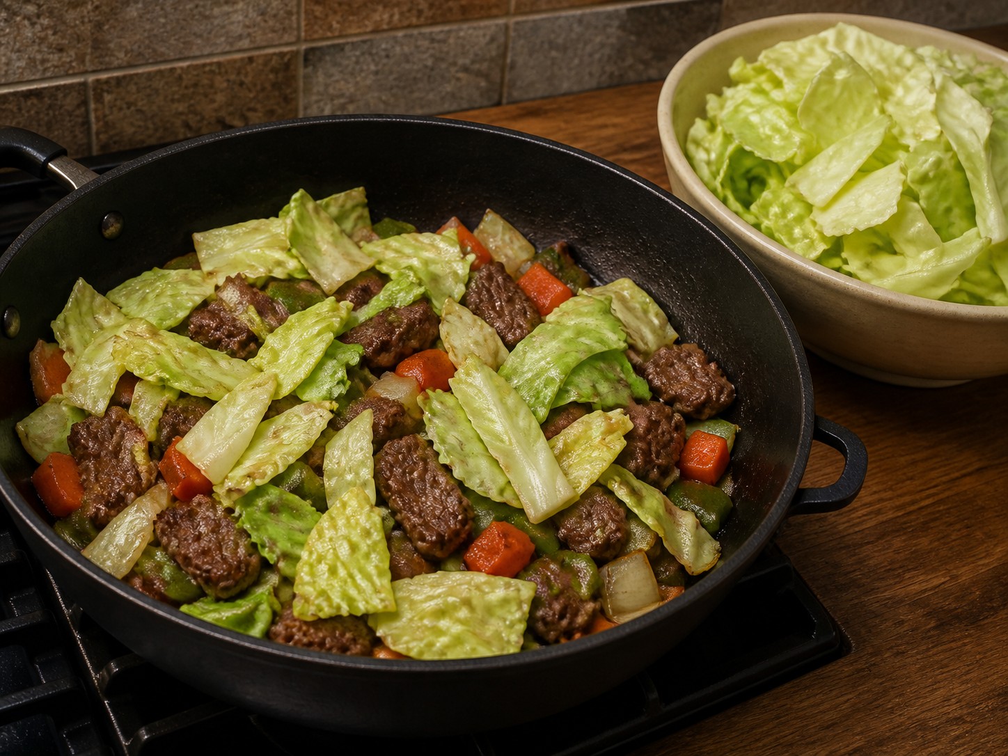 卡真風味肉腸牛肉燴椰菜：分批椰菜