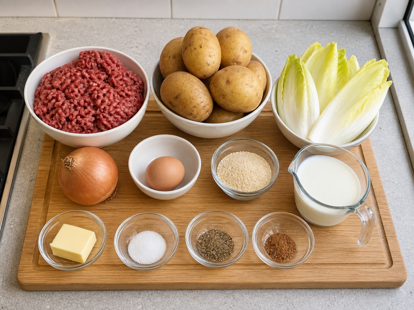 Dutch Stamppot na may Beef Meatballs at Endive: 500 g giniling na beef, 800 g katamtamang patatas, 250 g endive, 1 piraso sibuyas, 1 piraso itlog, 50 g dinurog na tuyong tinapay, 150 ml gatas, 40 g mantikilya, 1 kutsarita asin, 1/2 kutsarita Dinurog na itim na paminta, 1/4 kutsarita nutmeg