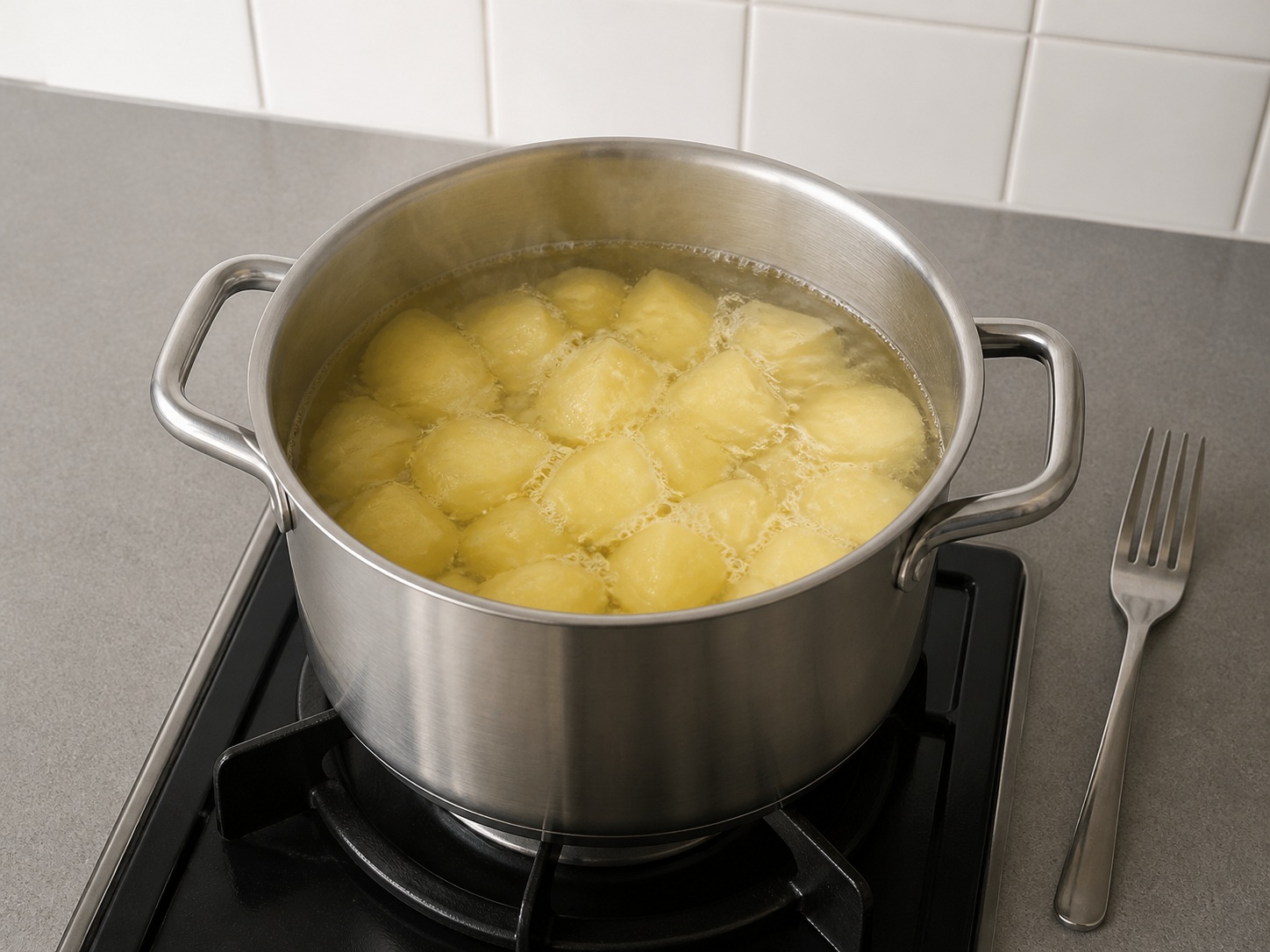 Pakuluan ang patatas hanggang malambot: Pakuluan ang patatas hanggang malambot. Gamitin nang sunod-sunod ang nakalistang sangkap at angkop na gamit sa bahay; tiyaking tama ang lagay ng pagkain bago magpatuloy.