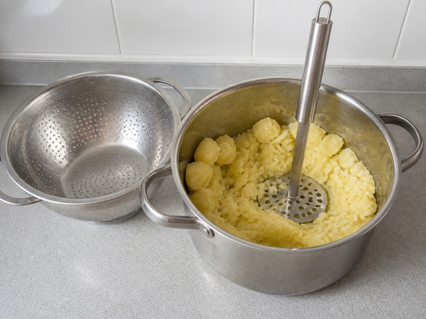 Patuluin at durugin ang patatas: Patuluin at durugin ang patatas. Gamitin nang sunod-sunod ang nakalistang sangkap at angkop na gamit sa bahay; tiyaking tama ang lagay ng pagkain bago magpatuloy.