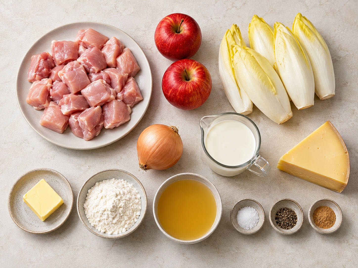 Dutch Chicken, Apple at Chicory Bake: 600 g hita ng manok na walang buto, 350 g endive, 2 piraso mansanas, 1 piraso sibuyas, 200 ml cooking cream, 120 g semi-hard na keso, 25 g mantikilya, 1 kutsara harinang pangkalahatan, 150 ml sabaw ng manok, 1/2 kutsarita asin, 1/4 kutsarita Dinurog na itim na paminta, 1/4 kutsarita nutmeg