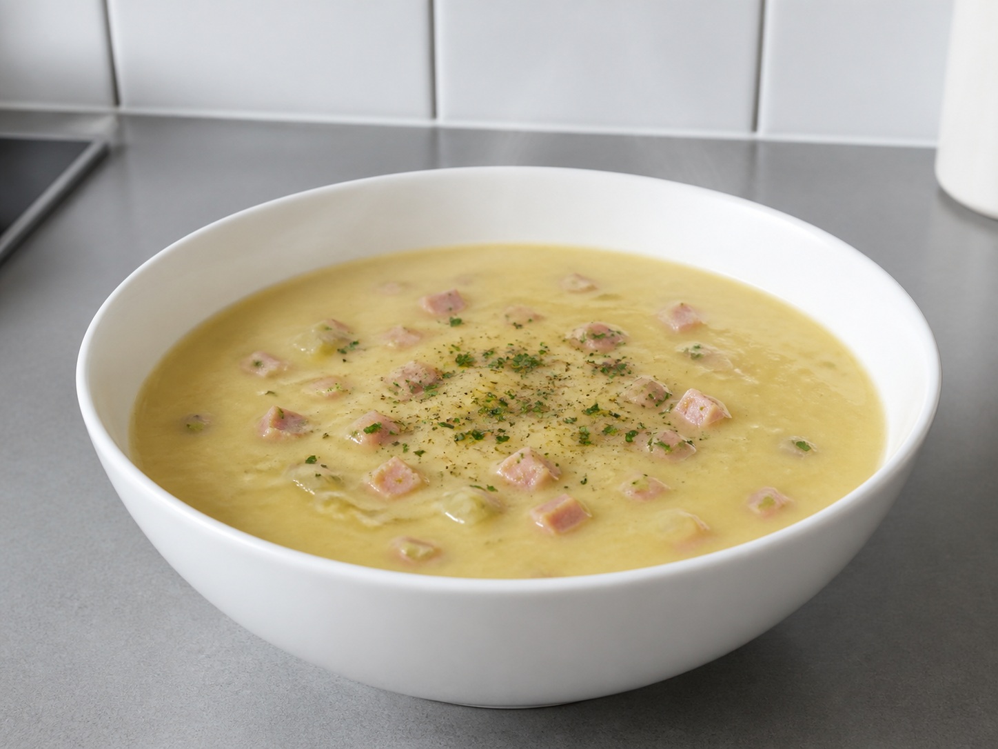Dutch Mustard and Ham Soup: Potato and leek form a smooth soup base sharpened with mustard and finished with small pieces of ham.