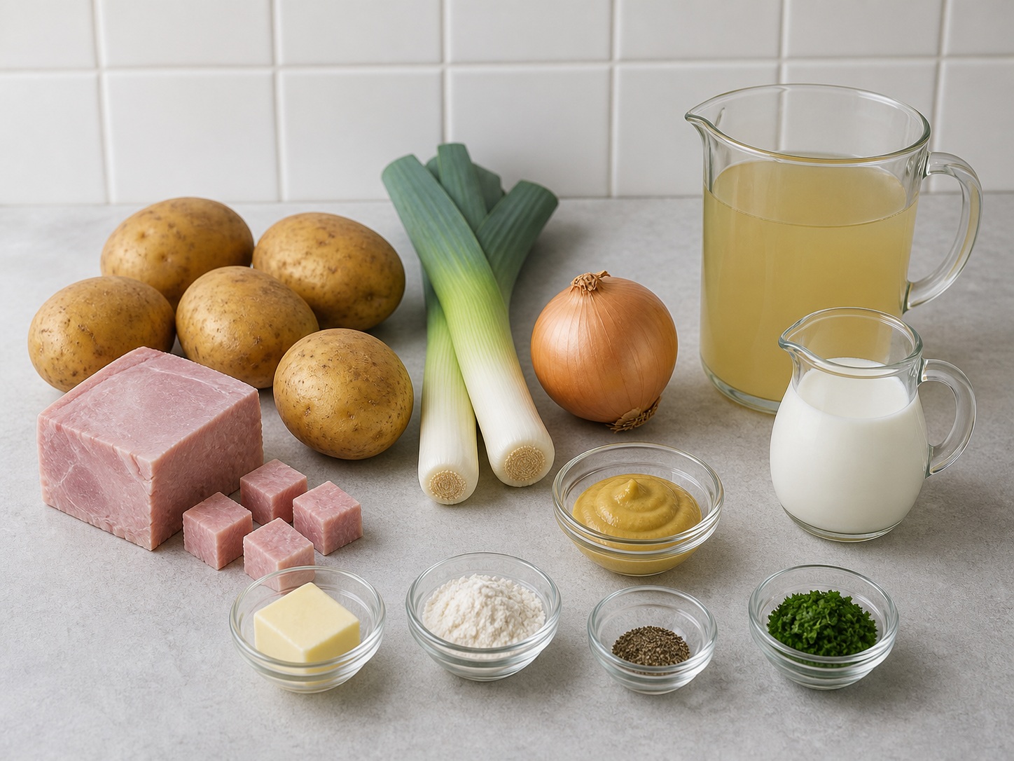 Dutch Mustard and Ham Soup: 500 g medium potatoes, 2 stalk leek, 1 piece onion, 250 g cooked ham, 3 tbsp Dijon mustard, 900 ml chicken stock, 250 ml milk, 30 g butter, 2 tbsp all-purpose flour, 1/2 tsp Black pepper, 2 tbsp parsley