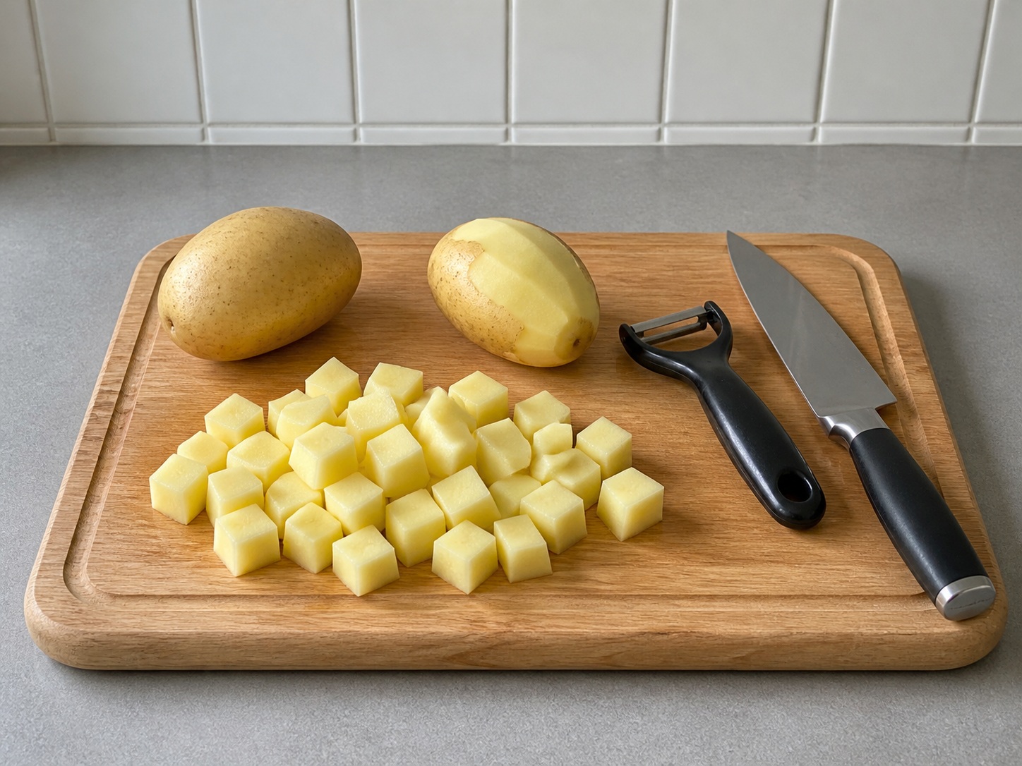 Peel and cube potatoes: Peel and cube potatoes. Use the listed ingredients and the appropriate household tool in order; confirm the food has reached the described state before continuing.