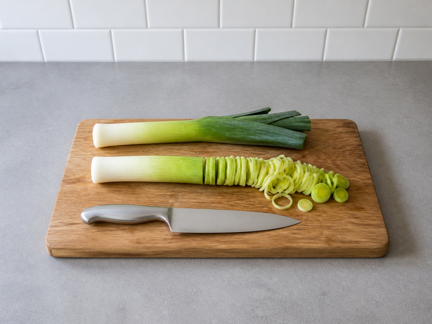 Wash and slice leeks: Wash and slice leeks. Use the listed ingredients and the appropriate household tool in order; confirm the food has reached the described state before continuing.