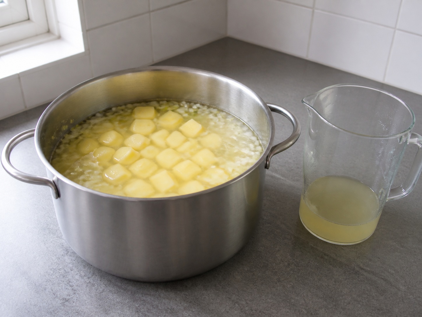 Add stock and potatoes: Add stock and potatoes. Use the listed ingredients and the appropriate household tool in order; confirm the food has reached the described state before continuing.