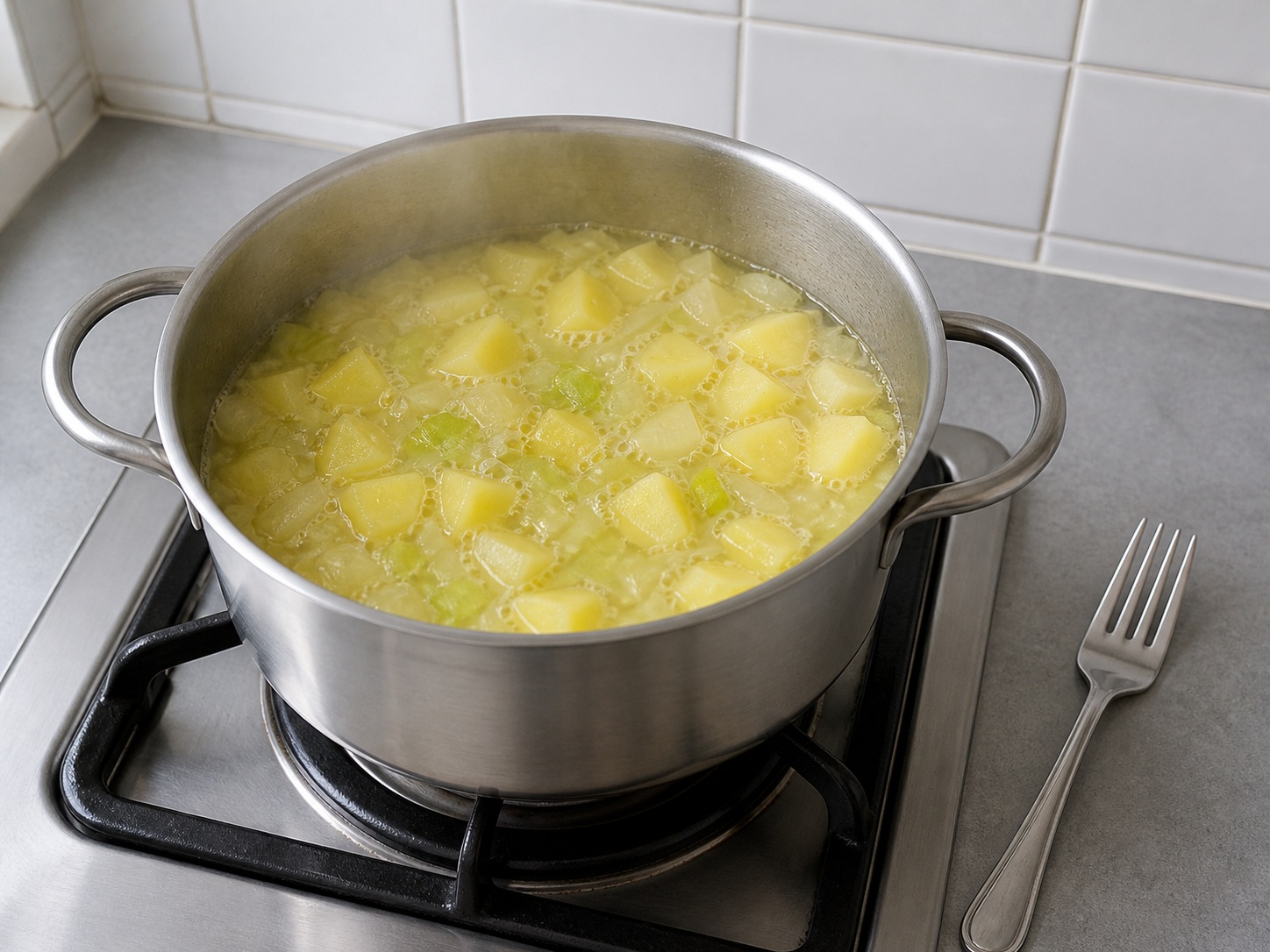 Simmer potatoes until tender: Simmer potatoes until tender. Use the listed ingredients and the appropriate household tool in order; confirm the food has reached the described state before continuing.