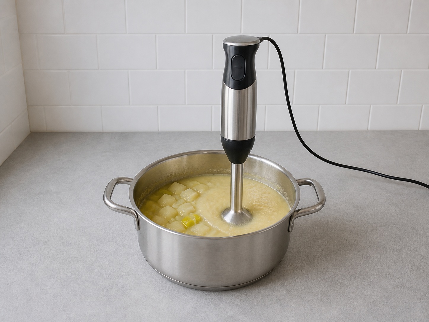 Blend soup until smooth: Blend soup until smooth. Use the listed ingredients and the appropriate household tool in order; confirm the food has reached the described state before continuing.