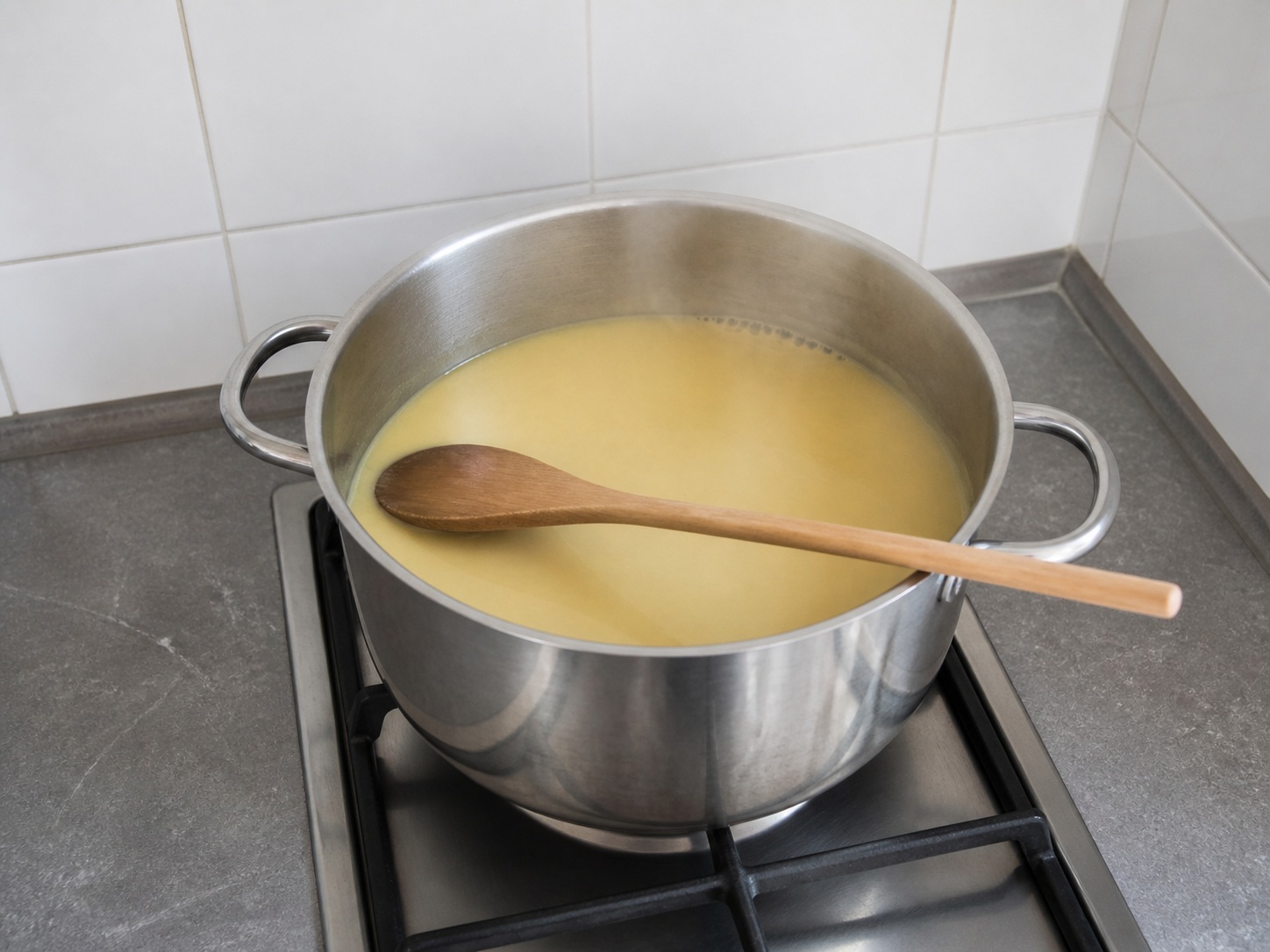 Return soup to low heat: Return soup to low heat. Use the listed ingredients and the appropriate household tool in order; confirm the food has reached the described state before continuing.