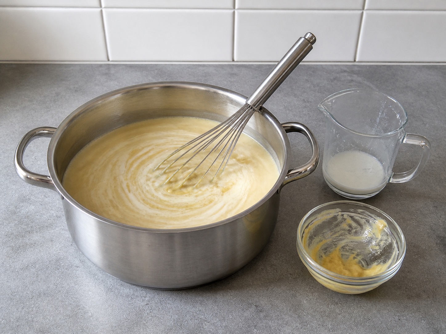 Whisk in milk and mustard: Whisk in milk and mustard. Use the listed ingredients and the appropriate household tool in order for about 8 minutes over medium-low heat; confirm the food has reached the described state before continuing.