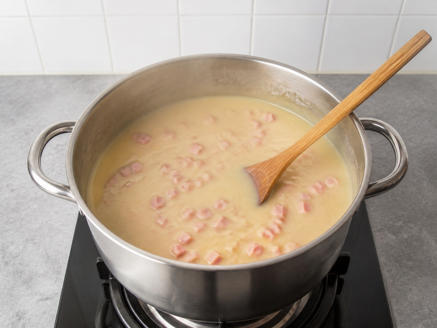 Warm ham through: Warm ham through. Use the listed ingredients and the appropriate household tool in order; confirm the food has reached the described state before continuing.