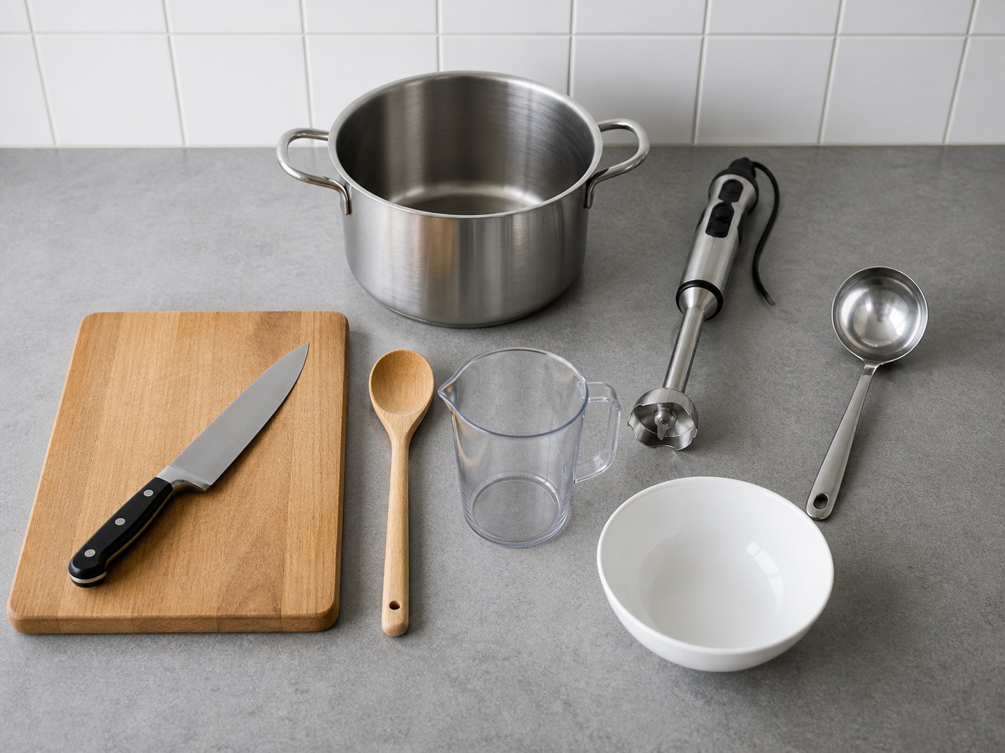 Dutch Mustard and Ham Soup: knife, cutting board, stockpot, wooden spoon, measuring cup, immersion blender, ladle, serving bowl