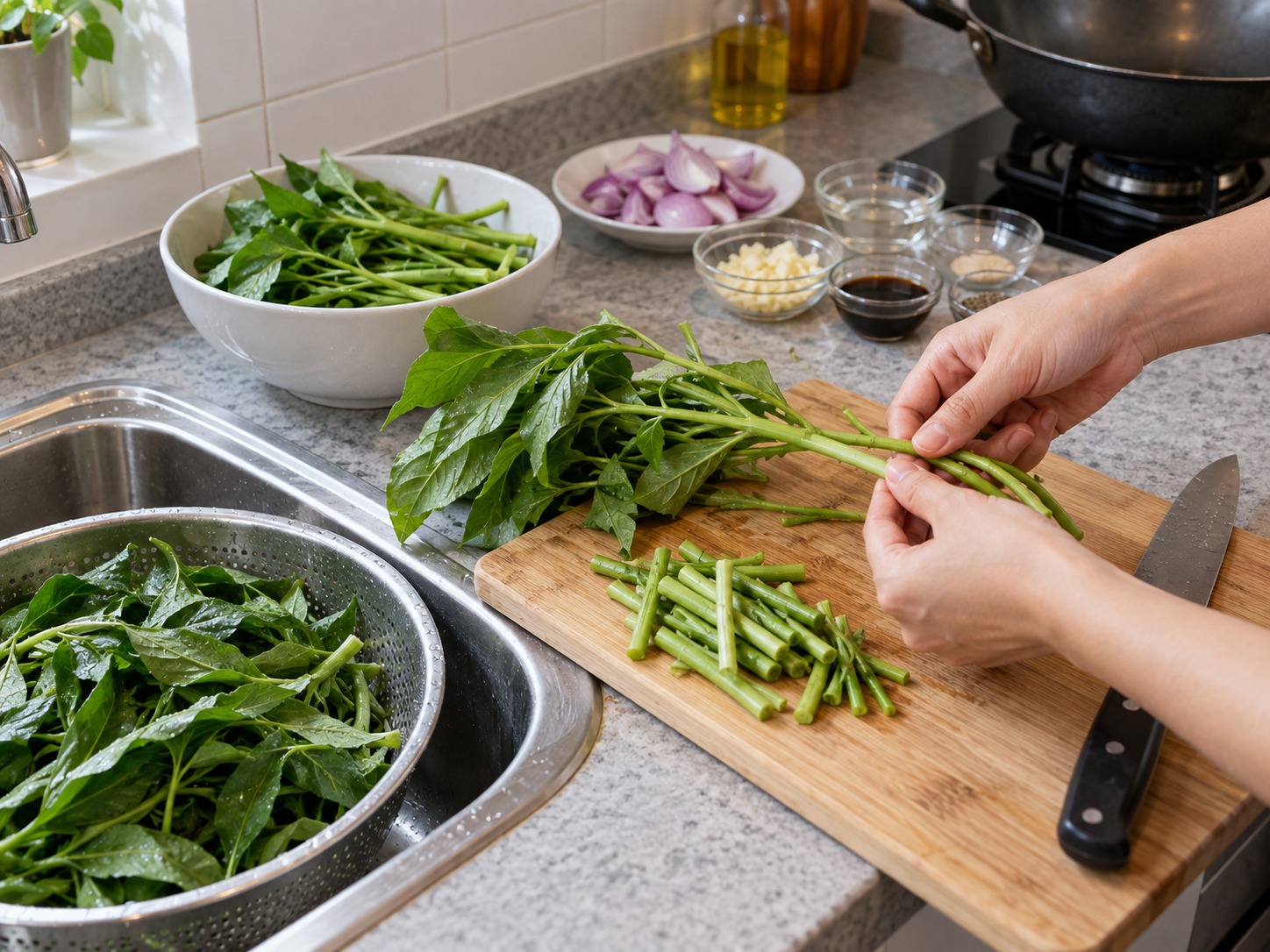 菲律賓醋香炒通菜 Adobong Kangkong — 通菜摘去老莖，嫩莖和葉分開洗淨瀝乾