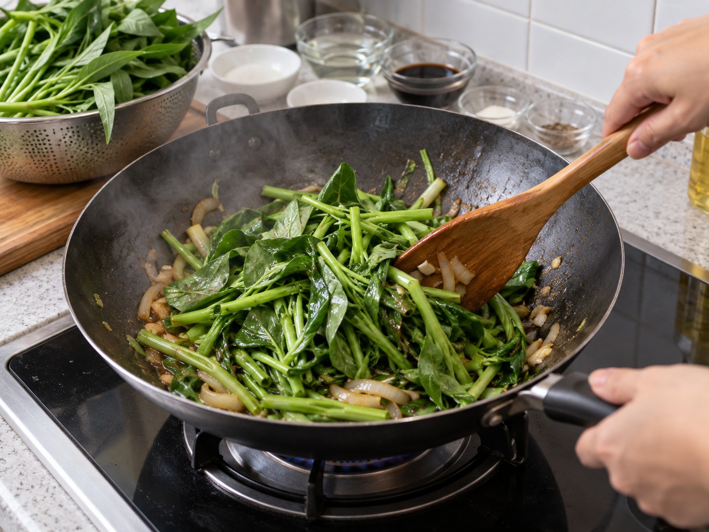 菲律賓醋香炒通菜 Adobong Kangkong — 加入通菜葉，快速翻炒至剛塌軟