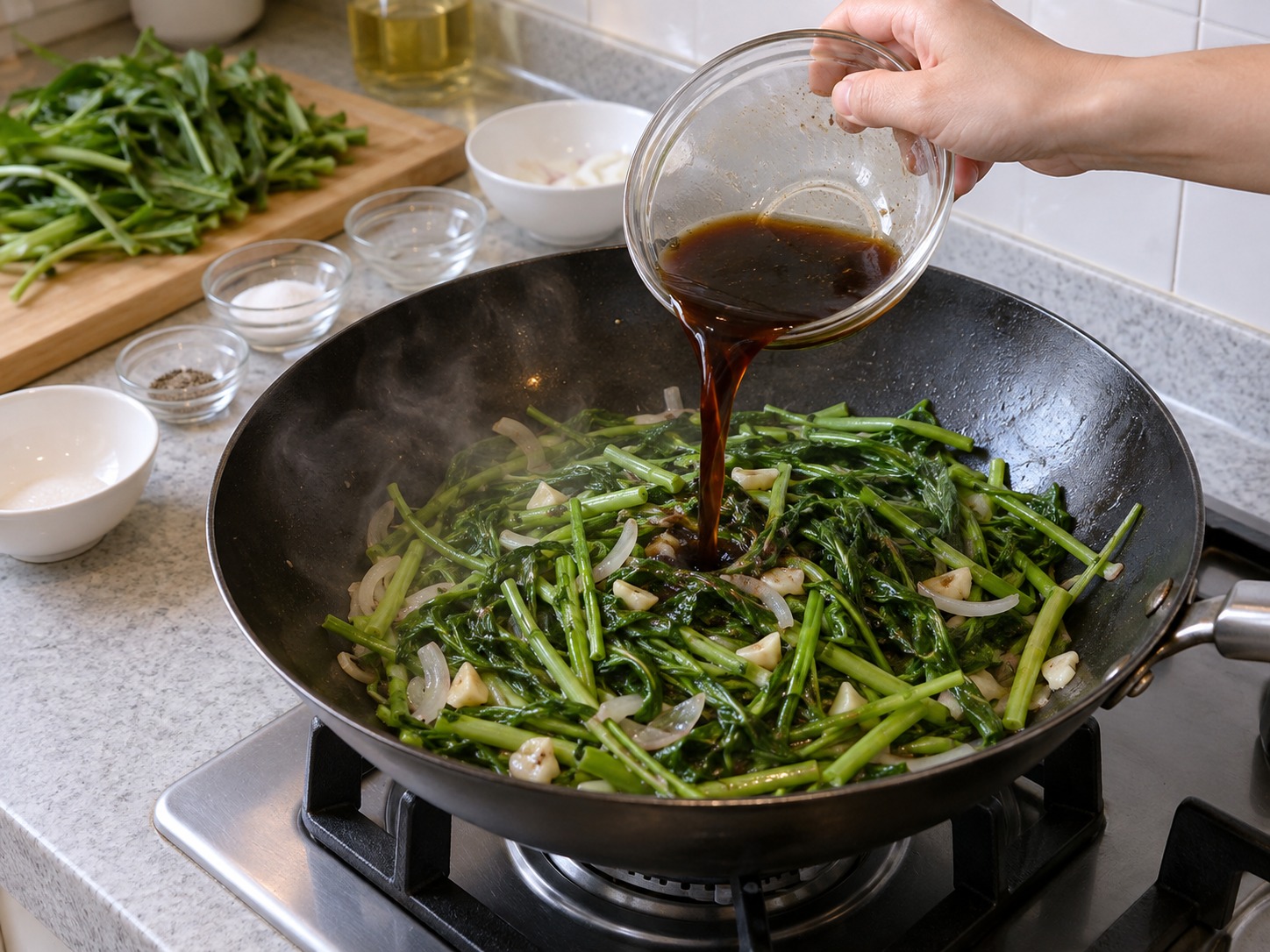 菲律賓醋香炒通菜 Adobong Kangkong — 倒入 adobo 汁，不要立即攪動