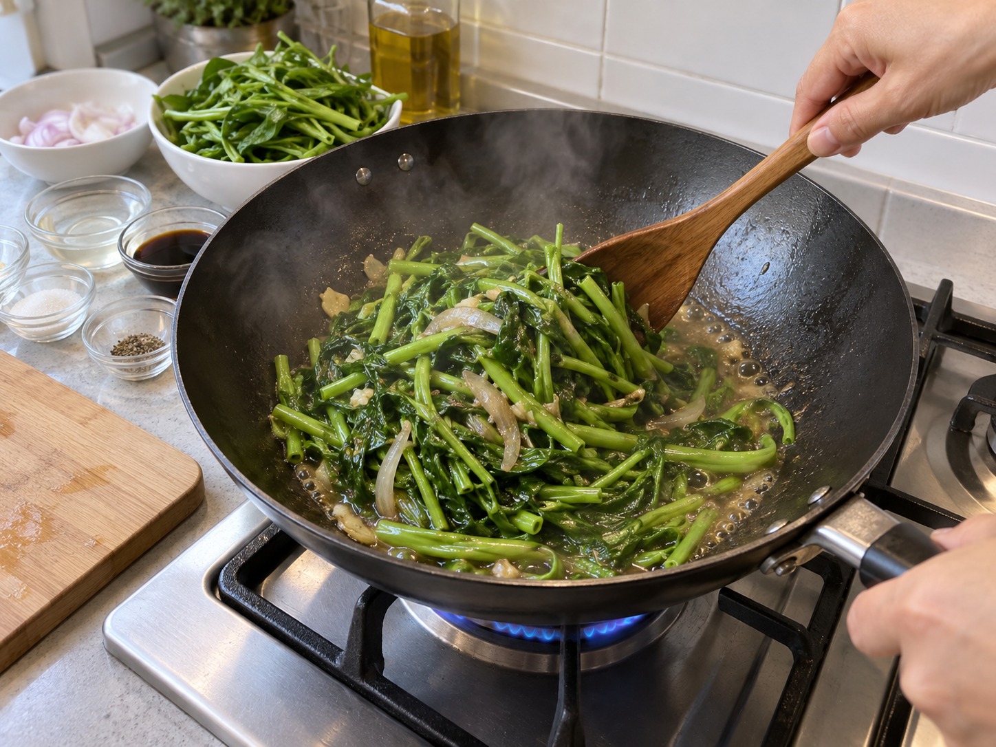 菲律賓醋香炒通菜 Adobong Kangkong — 大火煮一分鐘讓醋味柔和，再翻拌