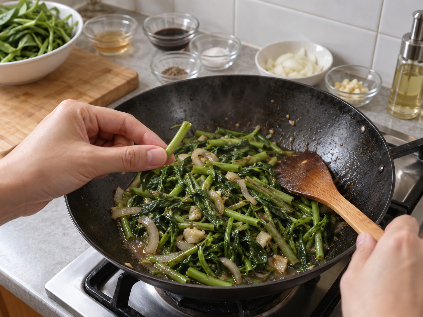 菲律賓醋香炒通菜 Adobong Kangkong — 確認菜莖已熟但仍保持少許爽脆