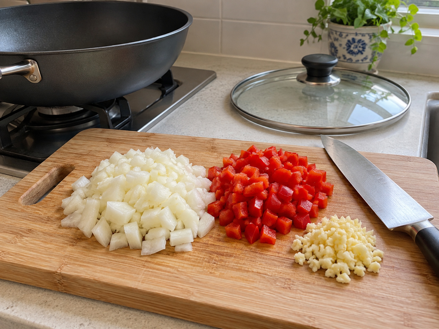 Arroz Valenciana — Tadtarin ang sibuyas at bell pepper