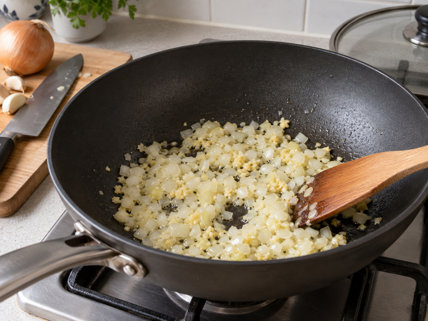 Arroz Valenciana — Igisa ang bawang at sibuyas