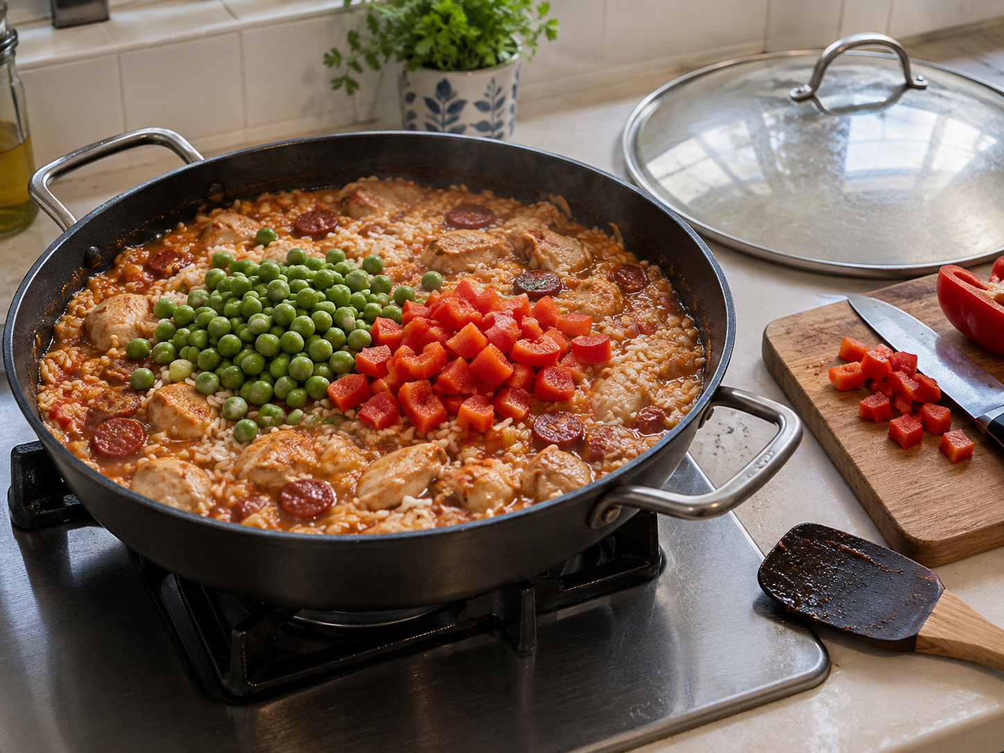 Arroz Valenciana — Idagdag ang gisantes at bell pepper hanggang maluto ang bigas